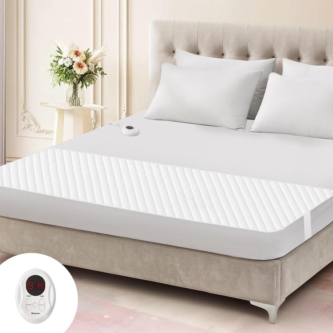 Bwarm Waterproof Heated Mattress Pad, ETL Certified Bed Warmer with 9 Heat Settings, 1-12 Hours Auto Off Deep Pocket, Machine Washable, White Foot Queen