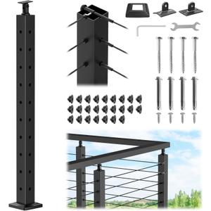 CKE T-Drilled Corner Post Cable Railing, Three Sides Adjustable Top 36" T-Drilled Cable Railing Corner Post (Post 35"x2"x2"), Black Finish Stainless Steel Corner Post with Cable Grommets, CP01