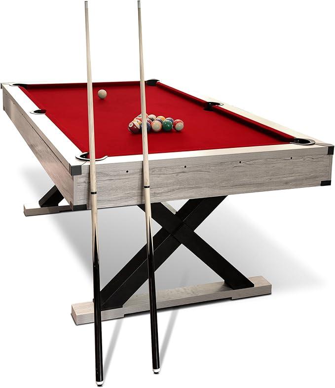GarveeLife 7 ft Pool Table, Billiard Table with 2 Cue Sticks, Billiard Balls, Cues, Cleaning Brush, X-Legs, Black Cloth, Rustic Grey, 84" L x 46.5" W x 32.7" H