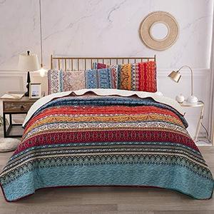 WONGS BEDDING Bohemian Quilt Set King Size, Boho Striped Printed Bedding Bedspread Coverlet Set for All Season, Lightweight Microfiber Quilts with 2 Pillowcases 104"x90" (3 Pieces, Colorful)