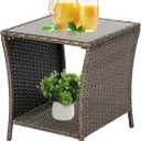 Kinfant Wicker Rattan Coffee Table - Square Tempered Glass Top Furniture with Storage for Outdoor Backyard Lawn Balcony Pool Patio