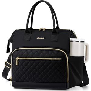 LOVEVOOK Lunch Bag Women, Insulated Adult Lunch Box for Women Work, Wide Opening Leakproof Cooler Tote Bag for Office Campus Picnic Beach with Shoulder Strap, Loncheras Para Mujer with Cup Holder (Large16L, Black)