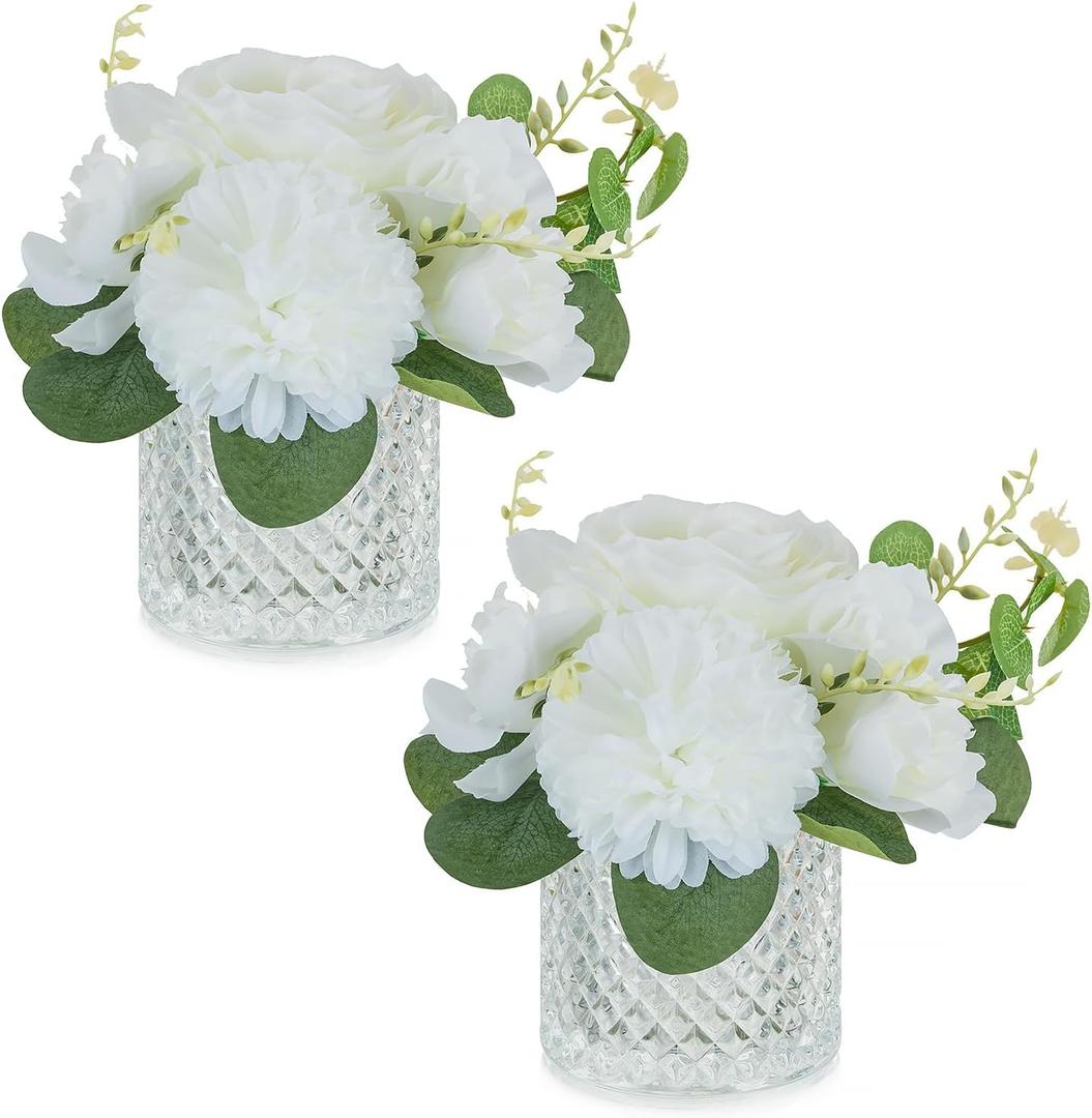 NUPTIO Small Fake Flower in Vase: 2 Pcs Silk Artificial Flowers with Clear Glass Vases for Living Room Bathroom Office Decor - Faux Rose Mums Floral Arrangements Wedding Dining Table Centerpiece