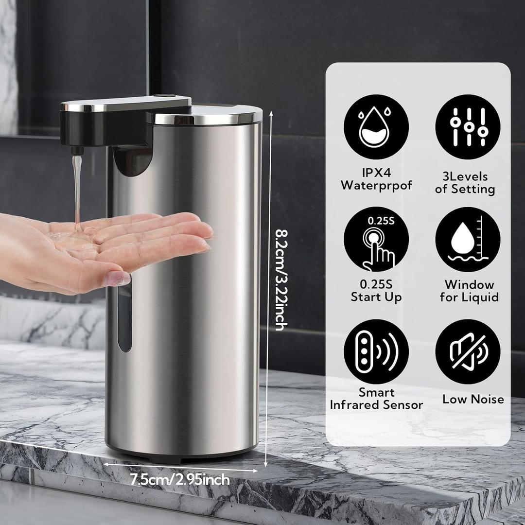 Automatic Soap Dispenser Touchless, 13.5oz/400ml Stainless Steel Electric Sensor Pump with 3 Adjustable Volume, Clog-Free, Water-Resistant for Kitchen, Bathroom, Hotel, and School