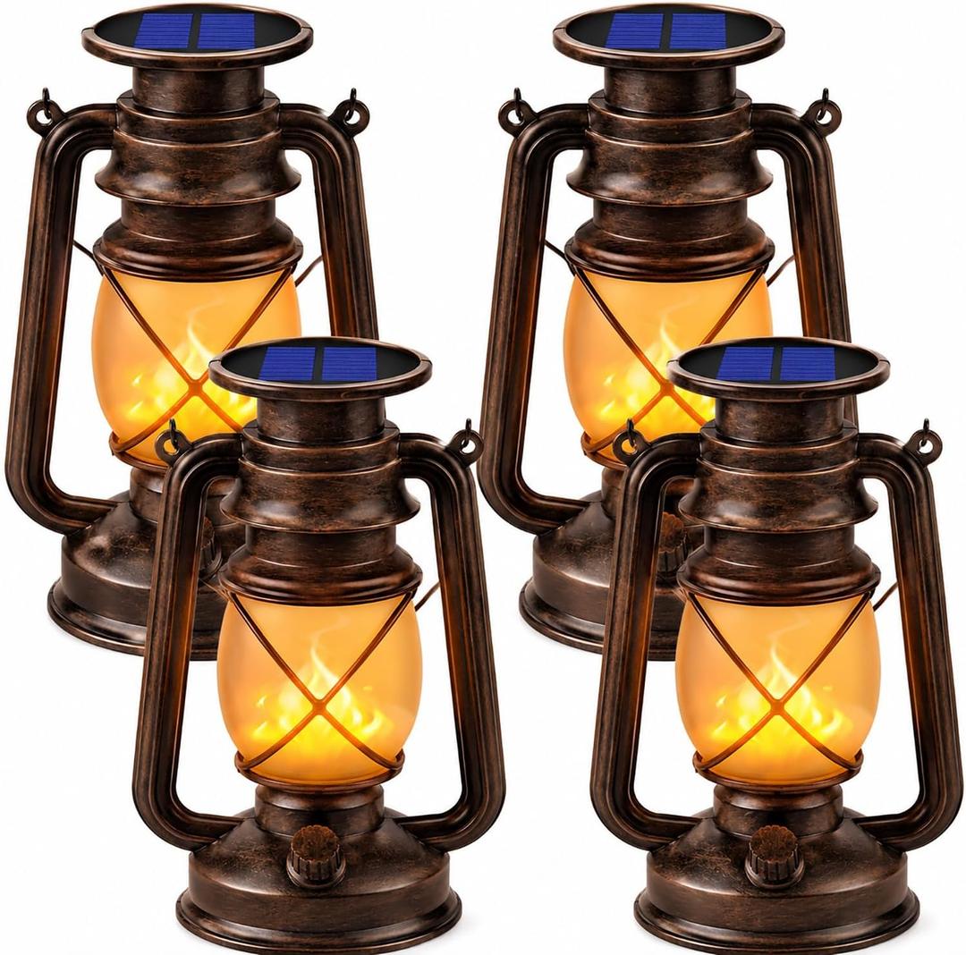 Marlrin Solar Lanterns Outdoor Waterproof 4 Pack LED Flickering Flame Light | Vintage Hanging Solar Lanterns Decorative Outdoor for Patio Garden Porch Decor Yard Pathway Camping Table Holiday Halloween