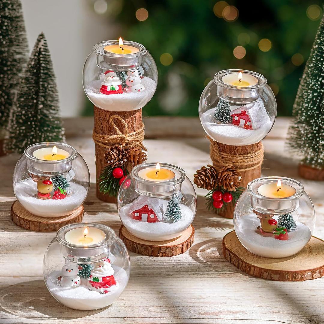 Glasseam DIY Christmas Candle Holder: 6 PCS Glass Tealight Votive Candle Holders with 8pcs Mini Christmas Figurines DIY Snow Globe Ornament for Table Centerpiece Xmax Decorations 3.15inch