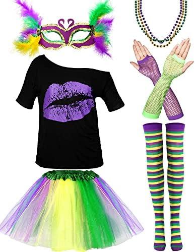 SATINIOR 5 Pcs Mardi Gras Outfit for Women Mardi Gras Costume Purple Sequin T-Shirt Skirt with Feather Mask Beads (Without a Necklaces ), Size M