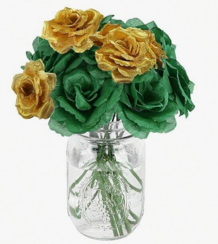 108pcs Roses Head Flowers with Stem  Emerald Green Gold Artificial Flowers Rose Bulk  Silk Rose Fake Flower for Wedding Bouquet Decor DIY Baby Shower Centerpieces St Patrick's Day Decoration