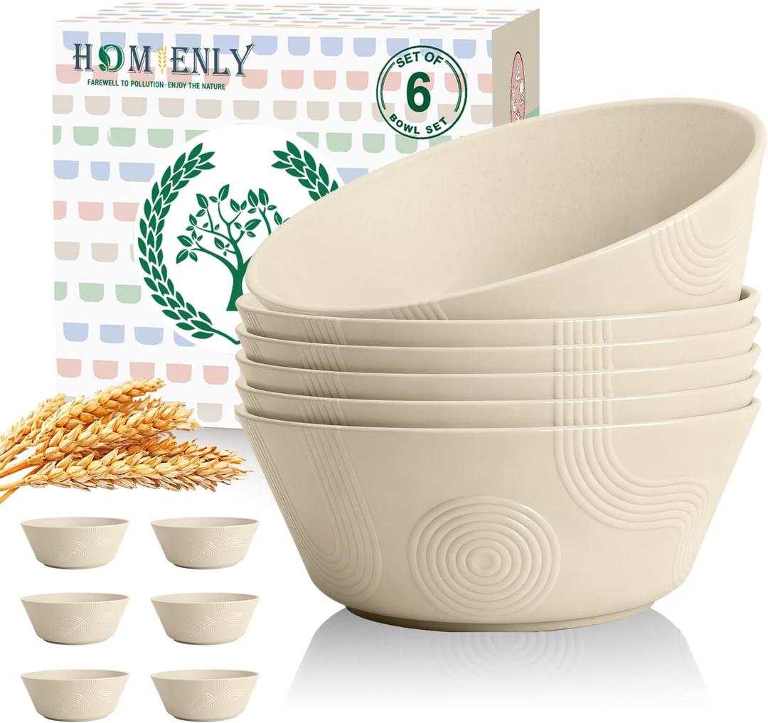 Homienly Large Deep Bowls 36 OZ, Wheat Straw Soup Bowls Set of 6, Plastic Bowls Microwave Safe, Unbreakable Bowl for Cereal, Soup, Salad, Popcorn, Idea for Party, Camping, Picnic, RV (Beige)