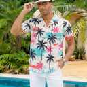 ASTRYON Hawaiian Shirt for Men Short Sleeve Floral Palm Button Down Tropical Vacation Beach Shirt (US, Alpha, X-Large, Regular, Regular, White and Pink and Blue) (XL)