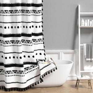 AOFOTO Boho Shower Curtain Black Striped Geometric Pattern Shower Curtains for Bathroom Tassel Bohemian Shower Curtain Modern Bathroom Home Decor with Hooks Waterproof 72x72 Inches