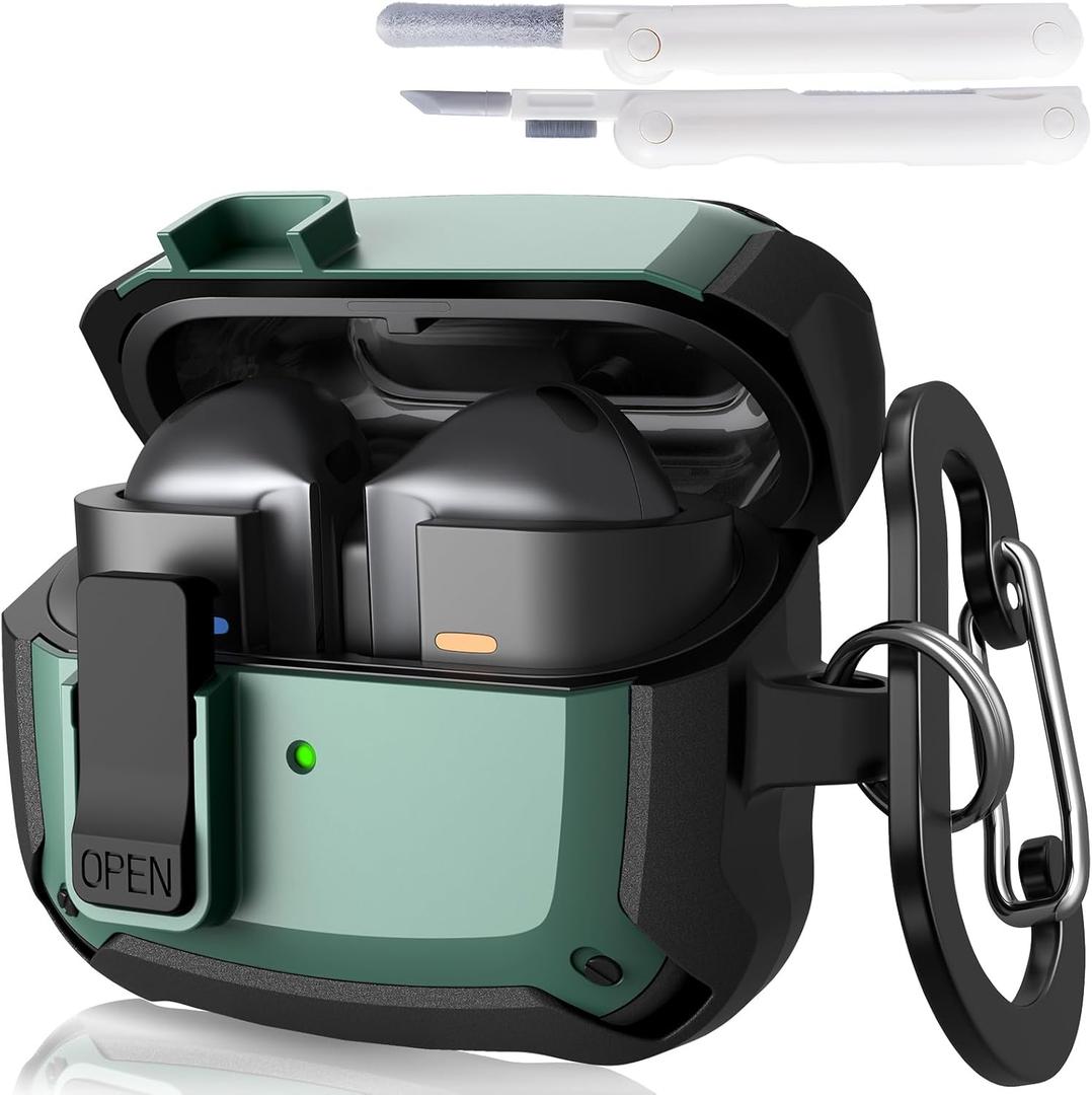 KOREDA Compatible with Samsung Galaxy Buds 3 Case & Galaxy Buds 3 Pro Case with Cleaner Kit, Military TPU Shockproof Protective Hard Cover with Secure Lock for Men (Green)