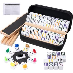 Mexican Train Dominoes Set with 4 Wooden Racks, Double 12 Dominos Game with 91 Dot Tiles, 9 Trains, Hub, Classic Family Board Game for Adults Kids, Travel,Party