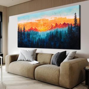 Canvas Wall Art Decor Art Work for Wall Decor Landscape Wall Art for Living Room Blue Foggy Forest Wall Art Mountain Sunrise Wall Art Decor Art Work for Home Ofiice Bedroom Wall Decor 20" x 40"