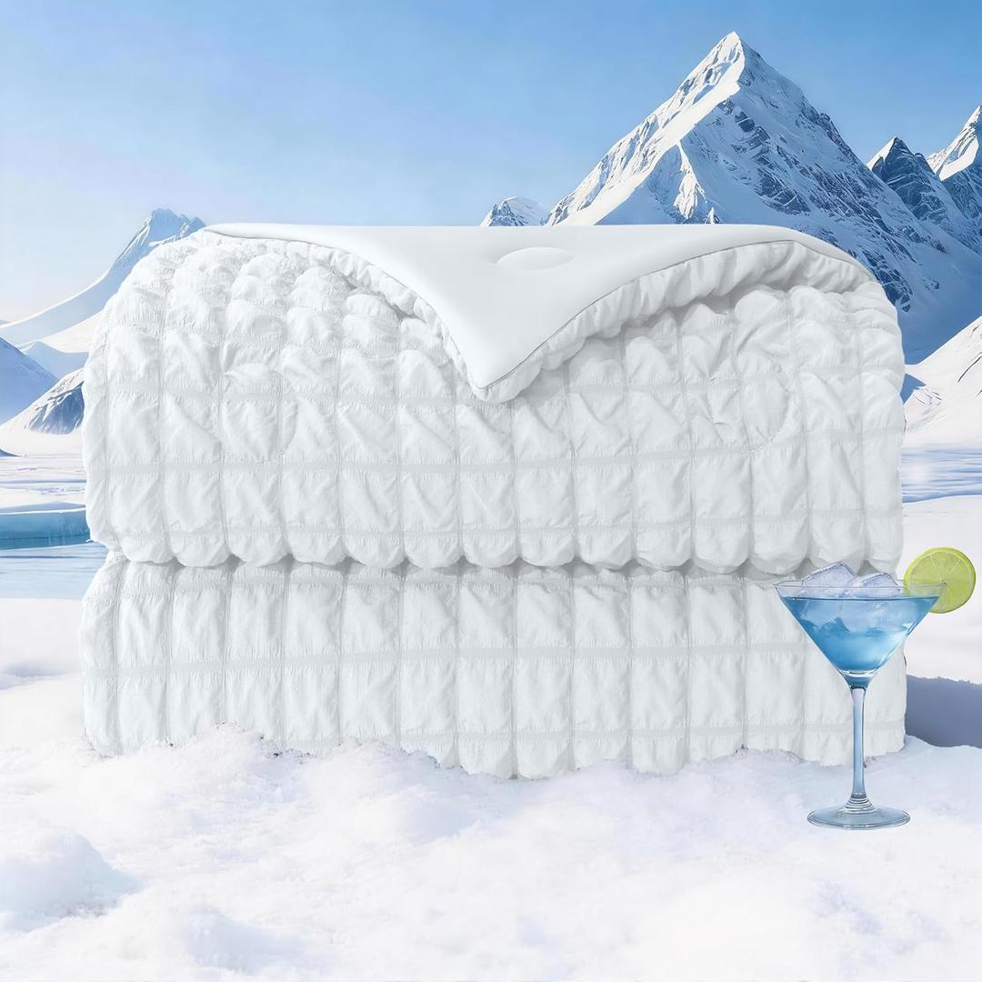 Seersucker Cooling Comforter King Size, Q-Max 0.45 Reversible Cooling Blanket for Hot Sleepers, Breathable Lightweight Silk Smooth Summer Bedding, Quilted Ice Blanket, White