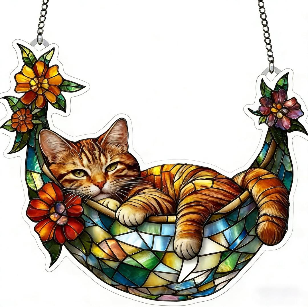 Cats Acrylic Suncatcher Ornament for Window Decor, Cat Lovers Gifts, 2D Wall Art Decor with Chain, Hammock Orange Tabby Cat, 7.87 in