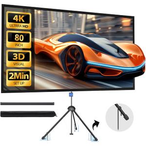 Projector Screen with Stand 80 inch Indoor Outdoor Projector Screen 16:9, 4K HD PVC Projector Screen with 1.5 Gain, projector screen for Backyard Theater and Wall Hanging 2IN1 with Carry Bag, Ground