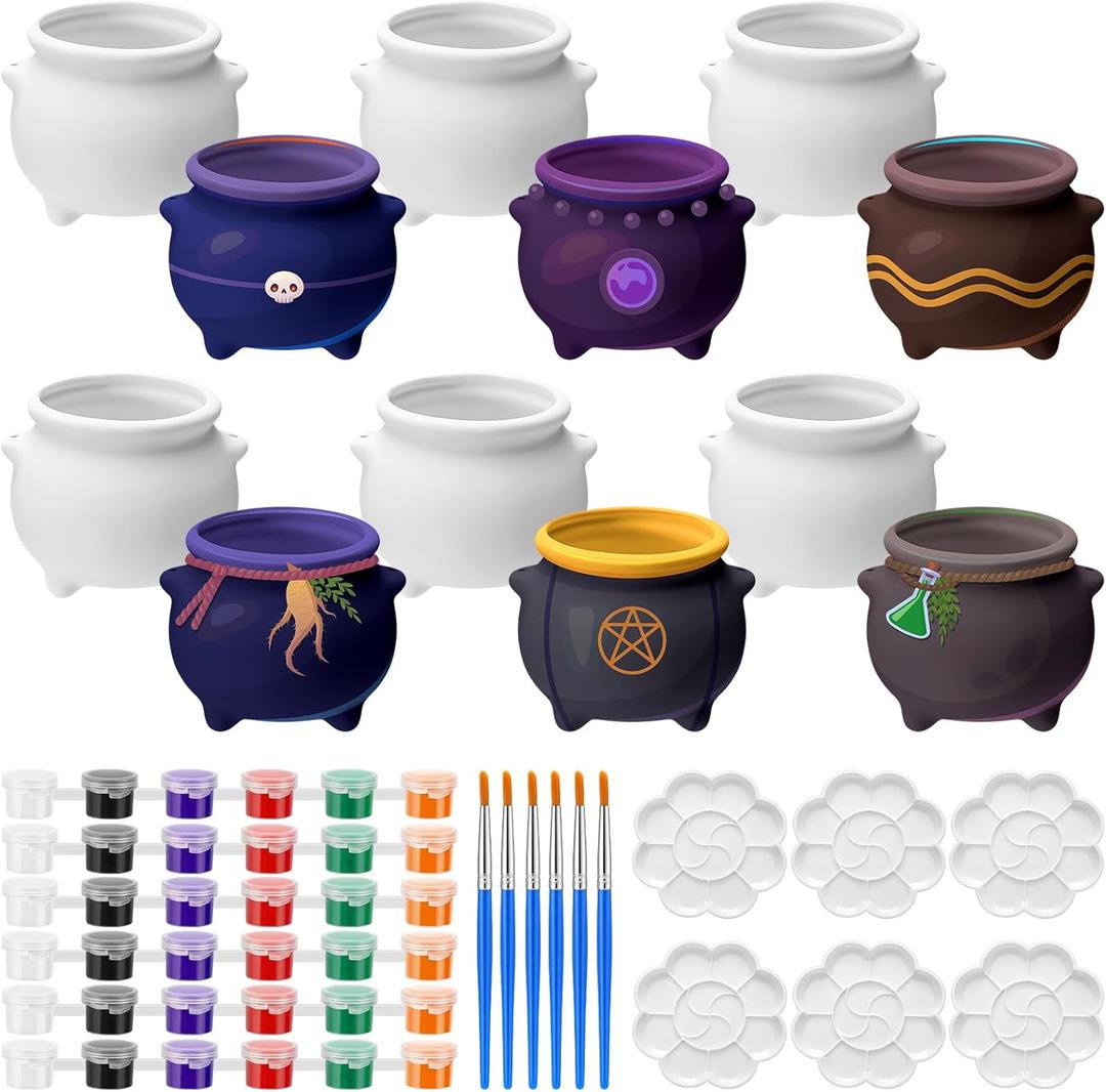 6 Sets Halloween Cauldron Ceramics to Painting Kits Ready to Paint Your Own Halloween Figurines DIY Unpainted Ceramics Witch Cauldron Statues Crafts for Kids Adult, 3.9 Inch