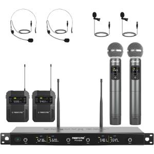 Phenyx Pro Wireless Microphone System, 4-Channel Wireless Mic Set with Handheld/Bodypack/Headset/Lapel Mics, Cordless Microphone for Singing, Karaoke, Church (PTU-5200-2H2B)