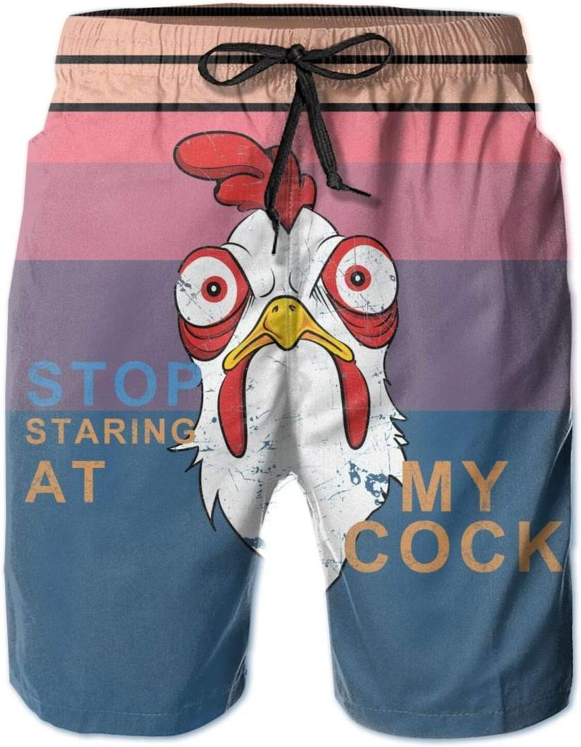 Stop Looking At My Cock Men's Swim Trunks, Funny Quick Dry Beach Board Shorts with Mesh Lining and Pockets (White, XXL)