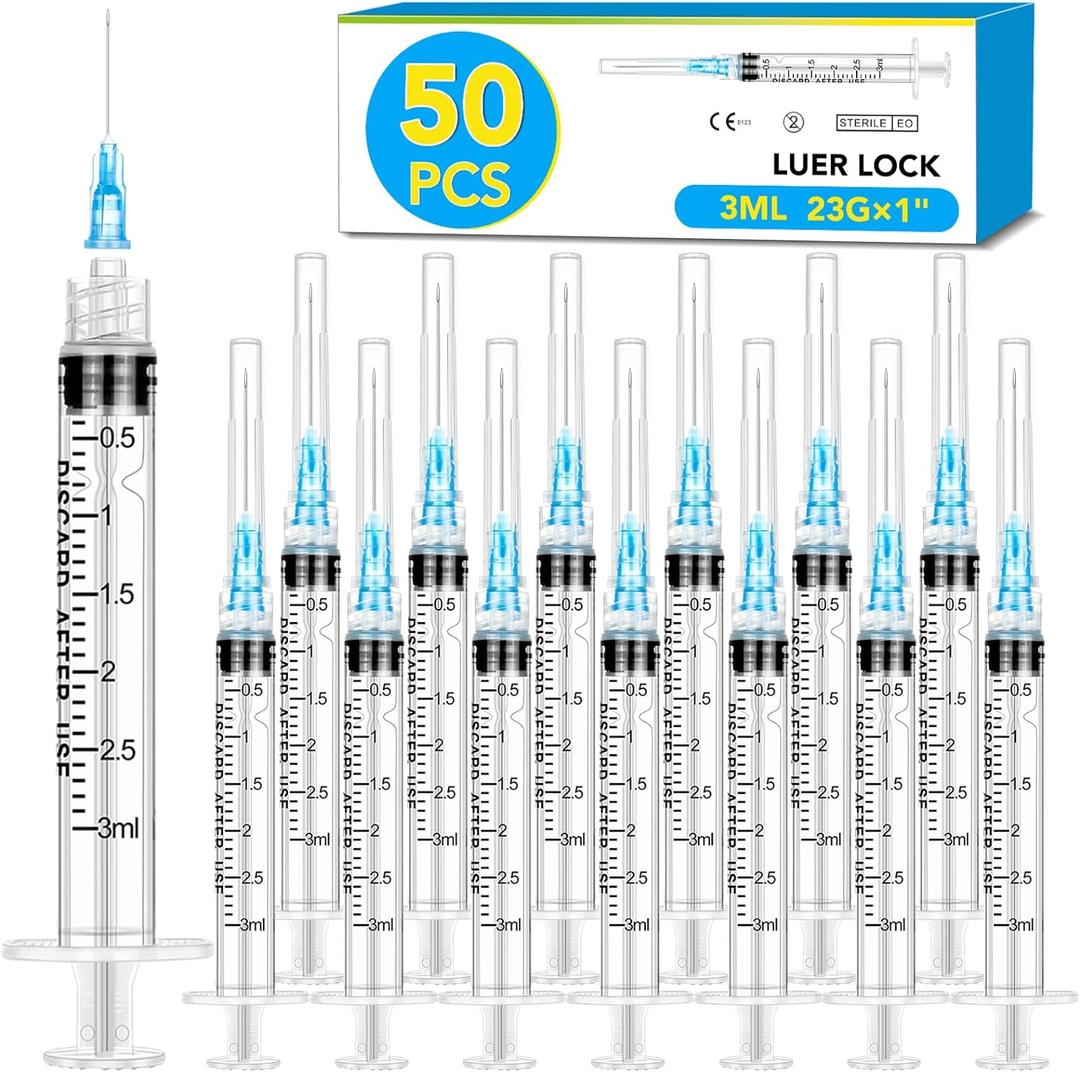 50 Pack 3ml Syringes with Needle-23Ga 1 Inch Needle with Luer Lock, Individually Sealed Packaging