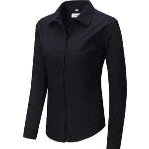 Women's Slim-Fit Button Down Shirts Stretchy Cotton Long Sleeve Work Blouse (Black, XS)