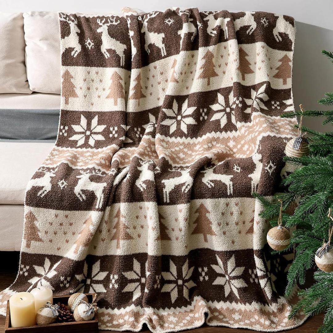 Christmas Fleece Blanket: Fluffy Brown Deer Snowflake Tree Decorative Blanket, Ultra Soft Warm Bed Throw Warm Winter Blanket, Lightweight Cozy Festive Home Decor for Couch Sofa Bed, 50"x 60"