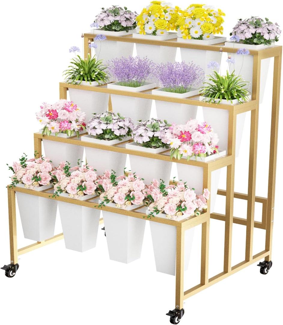 Flower Display Stand with 16 Buckets, 4 Layers Flower Bar, Gold Metal Plant Stand with Wheels, Heavy Duty Flower Cart for Indoor Outdoor Patio Garden Wedding Florist, Gold Metal Frame