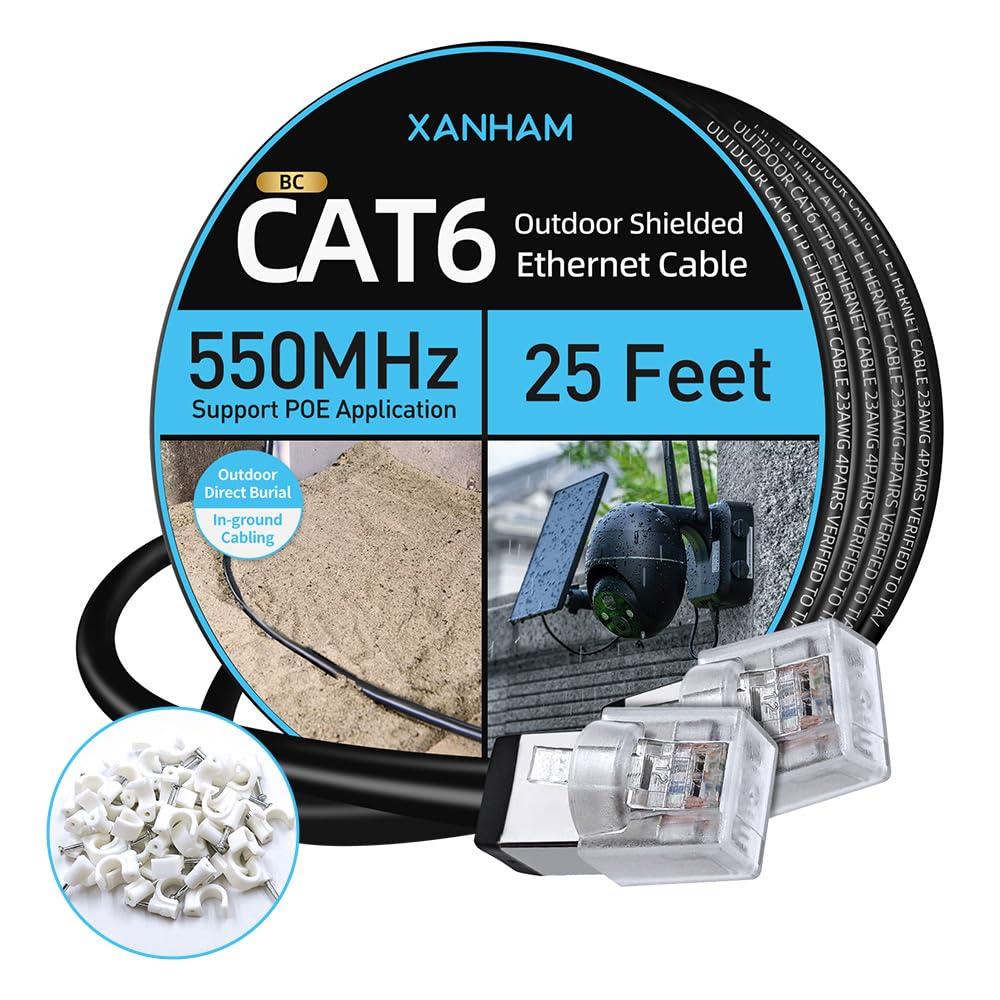 Cat6 Shielded Outdoor Ethernet Cable 25 Feet Waterproof and UV Resistant Direct Burial Jacket 23AWG Solid Copper Cat 6 FTP Network Cable, for POE and Internet Cabling Application