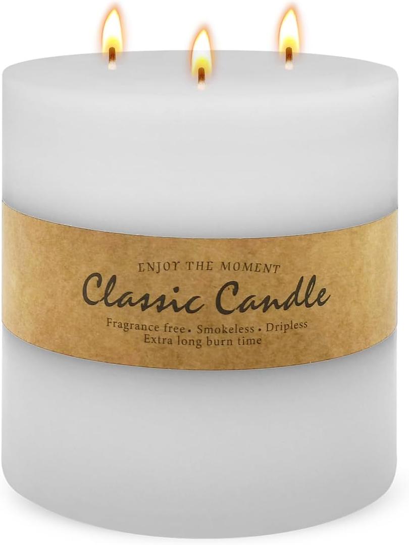 Large 3-Wick White Pillar Candle - 6x6 Inch Dripless & Smokeless Unscented Fat Candle, 120 Hour Long Burning Hand-Poured Thick Candle with Cotton Wicks