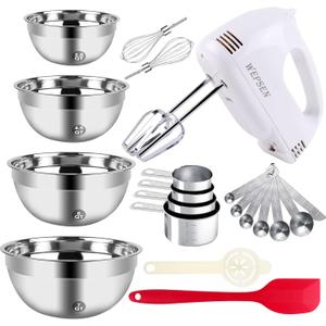5-Speed Electric Hand Mixer, 4 Large Mixing Bowls Set, Handheld Mixers with Whisks Beater, Stainless Steel Metal Nesting Bowl Measuring Cups Spoons Kitchen Cake Blender for Baking Supplies