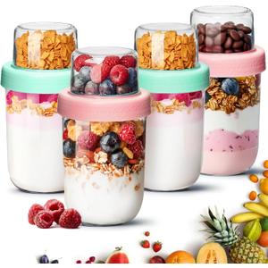 ComSaf 4-Pack 16 oz Overnight Oats Containers with Lids, Dual-Laryer Chia Pudding Jars with Dry and Wet Separation, Yogurt Parfait Cups for Oatmeal Cereal Nut Fruit, Meal Prep Glass Jars for Salad (Green Pink-16oz-4pcs)