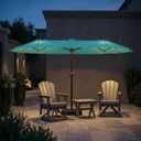 15FT Patio Umbrella with Solar Lights, Double-Sided Extra Large Outdoor Table Umbrella with Base Included, Heavy-Duty 12 Iron Ribs Market Umbrella for Garden, Pool, Backyard, Turquoise Blue