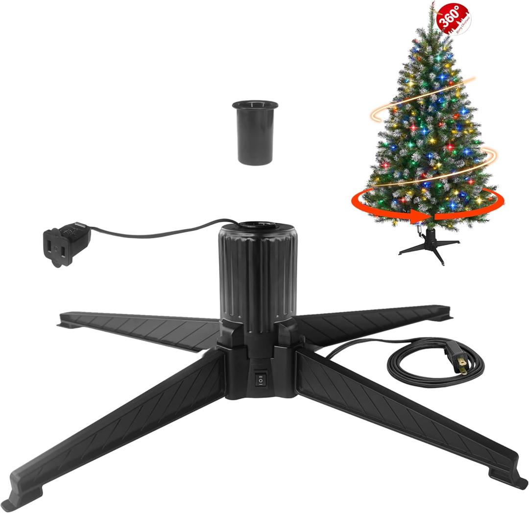 Stright 360 Degree Rotating Christmas Tree Stand, Revolving Artificial Tree Base for Tree Up to 7.5FT, Spinning Christmas Tree Stand with 2 Settings Trunk Diameter and One Built-in Electrical Outlet