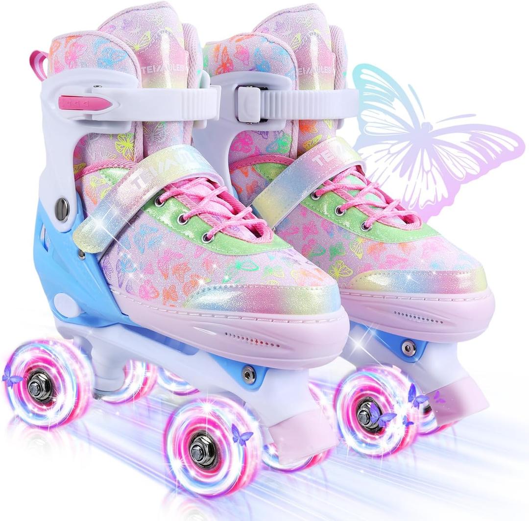 Kids Roller Skates, 4 Size Adjustable Quad Skates with All Light Up Wheels, 10C to 8 Rollerskates for Toddlers, Beginners, Boys, Girls, Outdoor, Indoor, Pink, Small