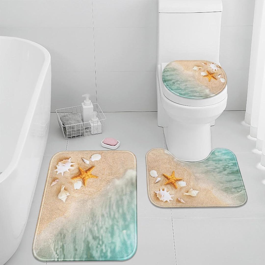 Britimes Beach Seashell Ocean Bathroom Rug Set of 3, 3 Pieces Bath Mats Set, Non-Slip Washable Cover Floor Rug Decorations for Kitchen Bathroom Bedroom (Clear)