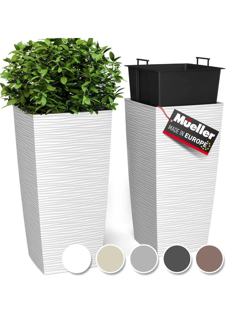 Mueller M-Resin Heavy Duty Tall Planters for Outdoor Plants, Indoor Grande Plant Pots, Boxes, Trees, Flower Pots, 2-Piece Set, 18”, Modern Design, Built-in Drainage, Front Porch Decor, White