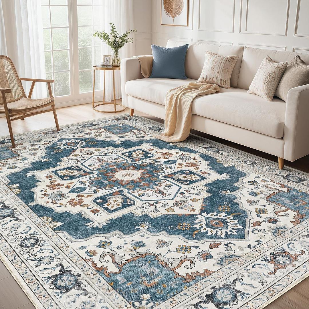 Washable Area Rug-9X12 Vintage Neutral Soft Vintage Blue | Non Slip Thin Foldable Large Floor Carpet for Living Room Bedroom Kitchen Dining Room Home Office Farmhouse Indoor