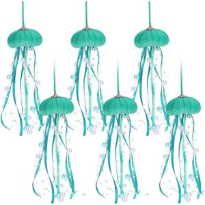 Namalu 6 Pcs Sea Urchin Jellyfish Christmas Ornament Coastal Beaded Beach Theme Holiday Decor Ocean Inspired Hanging Jellyfish Decoration with Crystal and Ribbon (Green)
