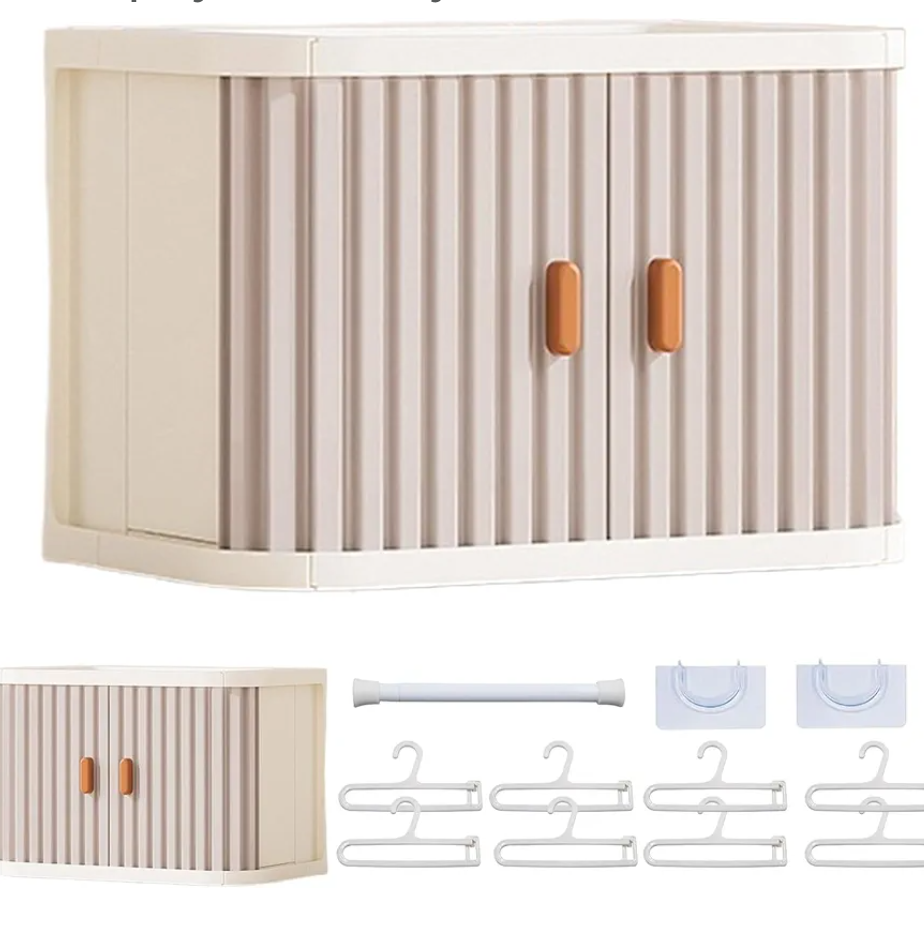 Foldable Doll Wardrobe Storage Box with 8 Hangers & Rod Compatible with Labubu Clothes Stackable Organizer Cabinet for 15/17cm Doll Clothes with Dust-Resistant Cover and Display Shelf (Grey)