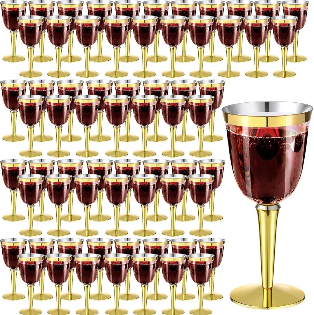 100 Pack Rimmed Disposable Plastic Wine Glasses Bulk 8 Oz Elegant Fancy Wine Cups Stemmed Wine Glasses Clear Cocktail Cups with Long Stem for Party Wedding Anniversary Birthday (Gold)