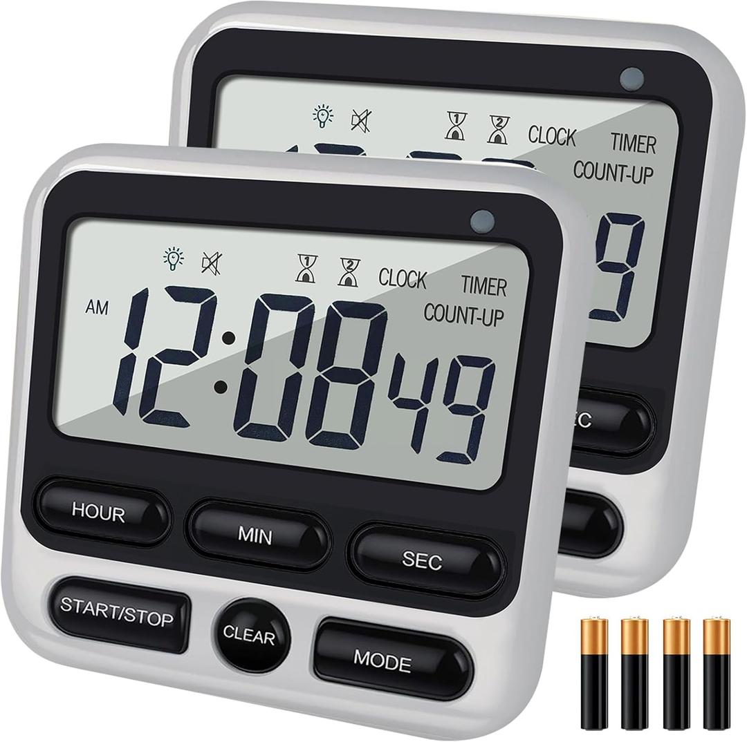 2 x 2-Pack Digital Dual Kitchen Timers with Magnet, 24-Hour Countdown & Stopwatch, Loud Alarm, 12/24H Clock, Calendar, Mute Mode, Visual Indicator, Batteries Included (Black)