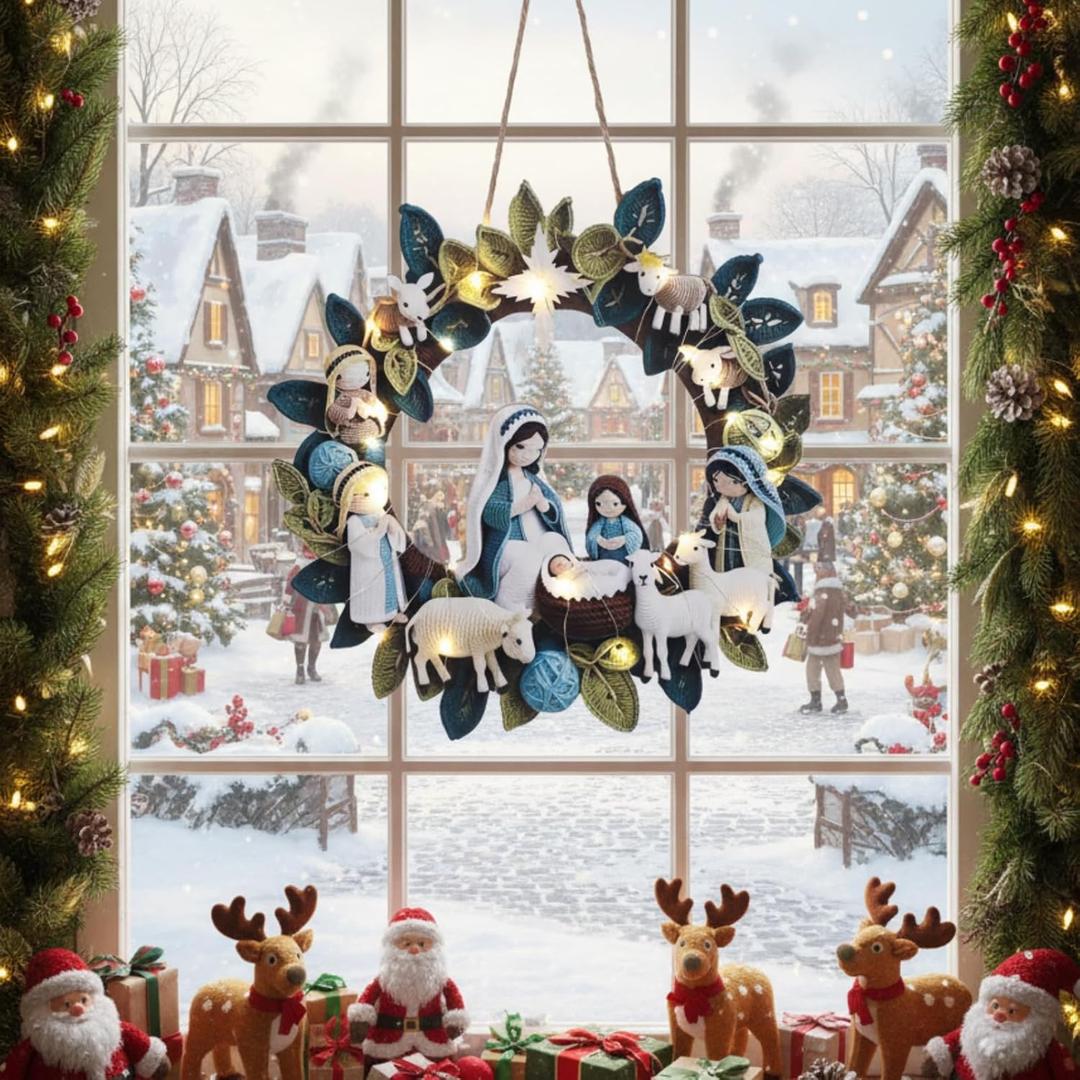 Holy Family Christmas Wreath with Light LED Wooden Holy Family Nativity Scene Hanging Decoration for Christmas Tree Ornaments Xmas Indoor Outdoor Wall Decoration Hanging Sign for Front Door