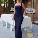 Women's Elegant Sleeveless Square Neck Bodycon Ruched Long Evening Party Dress (Blue)