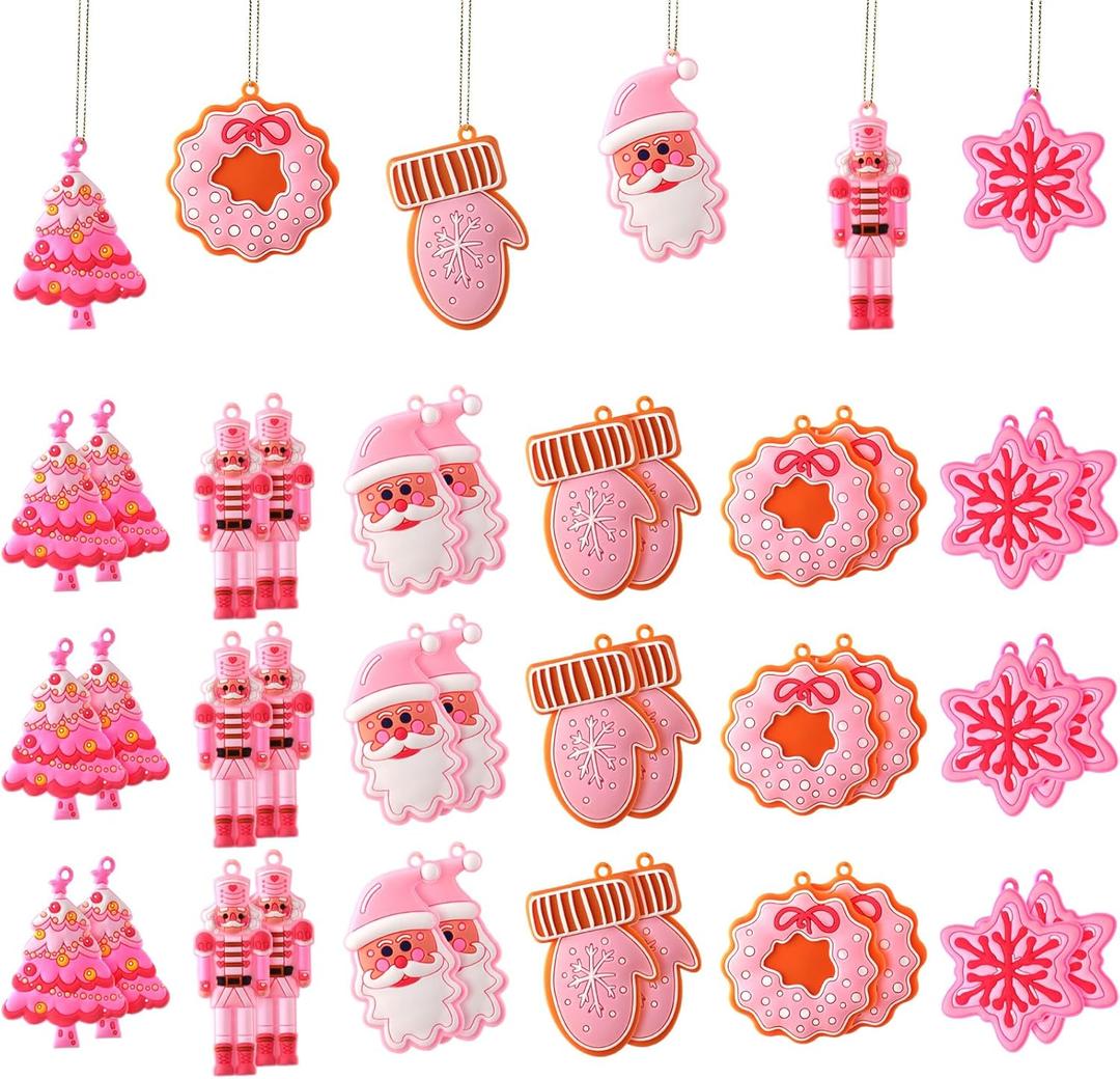 Zhanmai 24 Pcs Christmas Hot Pink Ornaments Christmas Tree Pink Decorations Cute Xmas Hanging Ornaments Traditional Xmas Tree Party Decors