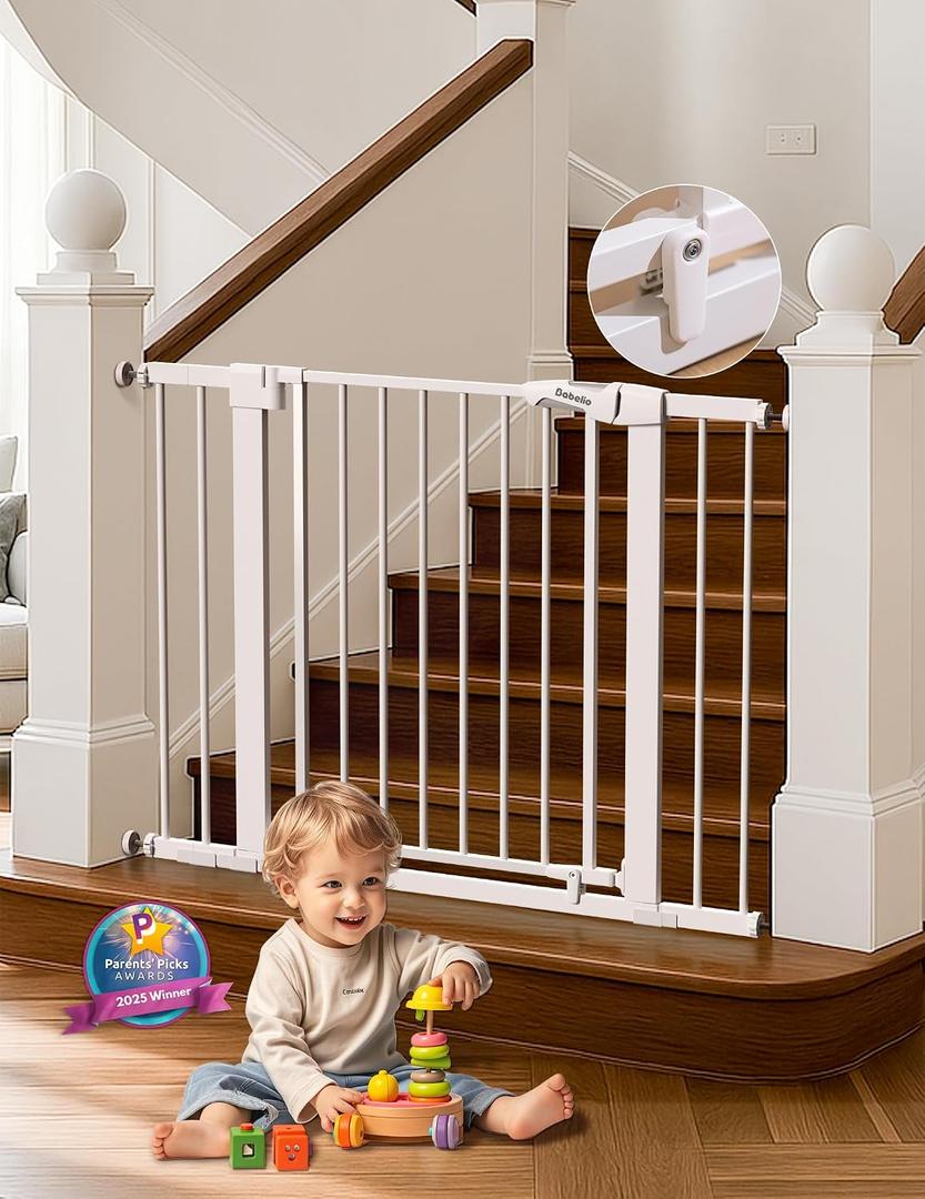 Babelio 29-43" Magnetic Baby Gate for Stairs,Doorways House,Kitchen,30" Tall Pet Door with Baffles,Pressure Mounted & Dual-Lock Design Safety for Kids Toddler,Auto-Close/Hold-Open,White