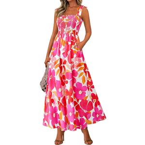 PRETTYGARDEN Womens Summer Dresses Floral Sleeveless Smocked Maxi Dress Boho Spaghetti Strap A Line Flowy Beach Long Sundress, Floral White Rose Red, XL