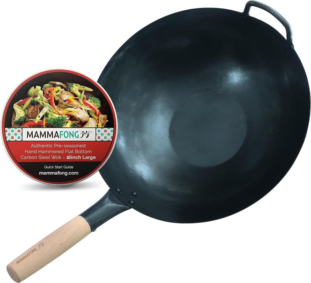 Large Flat Bottom 16-inch Traditional Carbon Steel Wok Pan - Authentic Hand Hammered Woks and Stir Fry Pans - Pow Wok with no chemical coating