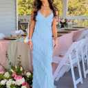 HOCILLE Women's Sexy V Neck Floral Lace Wedding Bodycon Spaghetti Strap Elegant Ruffle Maxi Cocktail Party Dresses (Blue, S)