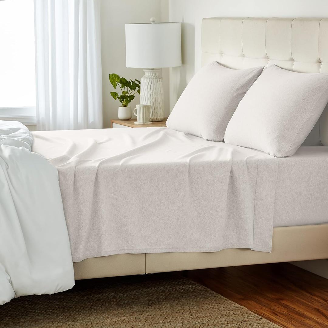 4-Piece Soft, Breathable 100% Cotton Jersey Knit Bed Sheet Set with Deep Pockets, Includes Flat and Fitted Sheets, Pillowcase, Queen, Oatmeal, Solid